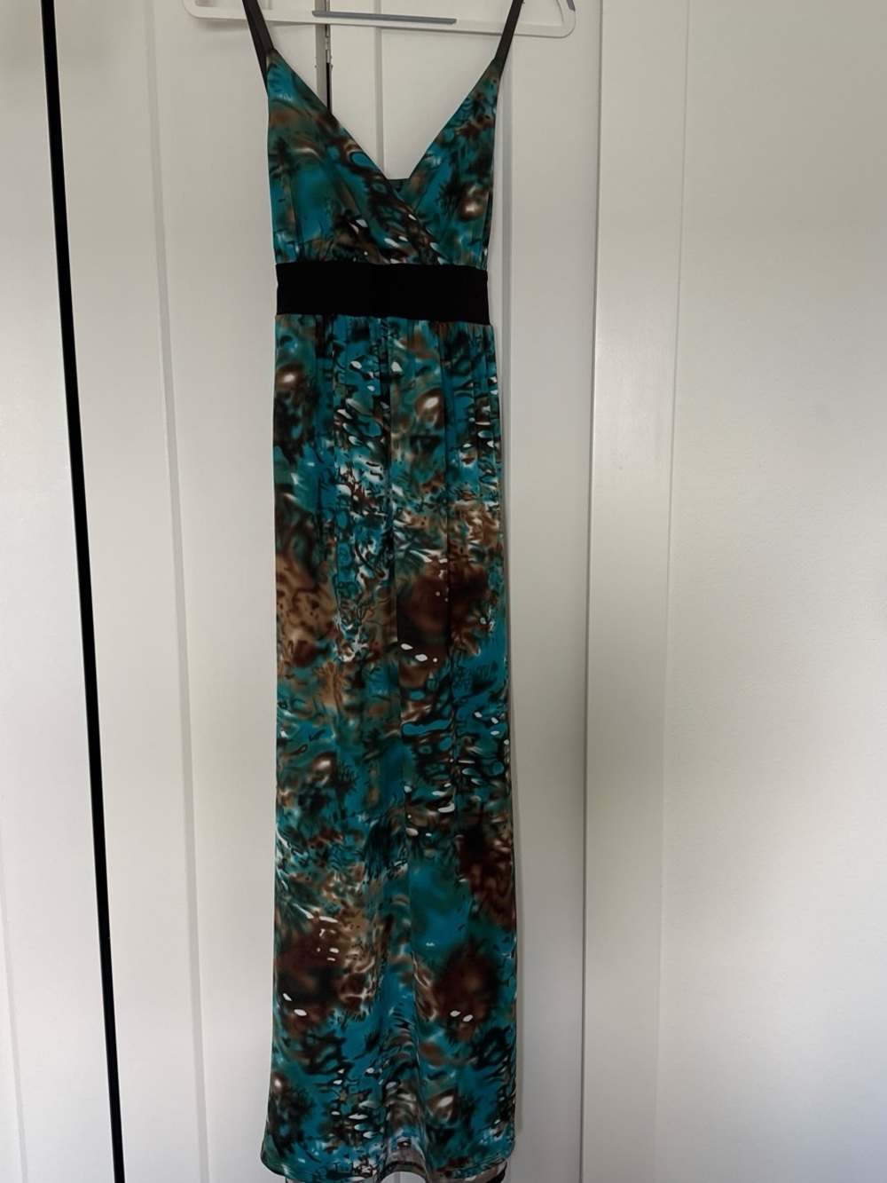 VINTAGE Teal and Brown Maxi Dress with brown Waistband